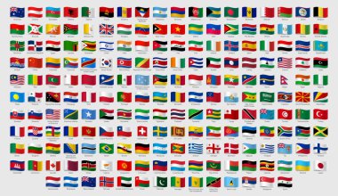 Dünya ulusal bayrakları sallayarak. İsimleri ile resmi ülke işaretleri, ülkeler bayrak afiş vektör seti