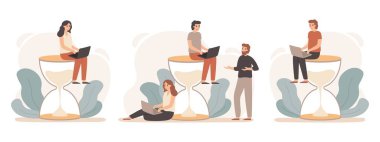 Zaman yönetimi kum saati. Sandglass, son tarih ve üretken profesyoneller insanlar vektör illüstrasyon seti üzerinde çalışan Ofis yöneticisi