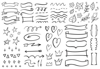 Vintage dekoratif doodle. El çizilmiş şerit, anahat okları ve doodle tatil kartları süslemeleri vektör seti