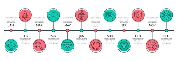 Gráfico cronológico. Pasos del proceso de negocio, escala de tiempo de flujo de trabajo y concepto de vector de diseño gráfico infográfico — Archivo Imágenes Vectoriales