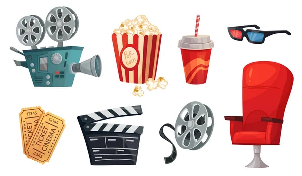 Elementos de cine de dibujos animados. Palomitas de cine, clapperboard cine filmación y cámara de cine retro vector conjunto de ilustración — Archivo Imágenes Vectoriales