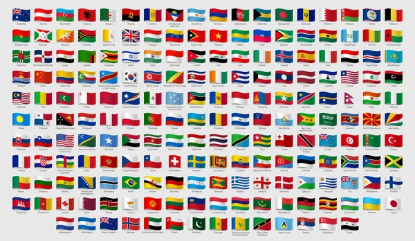 Banderas nacionales mundiales ondeando. Firmas oficiales de país con nombres, banners bandera países vector conjunto — Archivo Imágenes Vectoriales