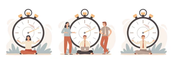 Gestión del tiempo de trabajo. Gente de negocios que trabaja con cronómetro, tareas rápidas y tiempo stop vector ilustración conjunto — Vector de stock