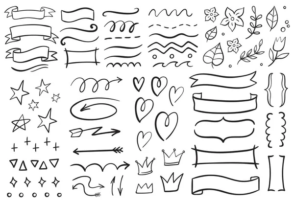 Vintage decoratieve doodles. Hand getekende lint, overzicht pijlen en doodle vakantie kaarten decoraties vector set — Stockvector