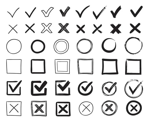 Doodle check marks. Hand drawn checkbox, examination mark and checklist marks. Check signs sketch vector illustration set — Stock Vector