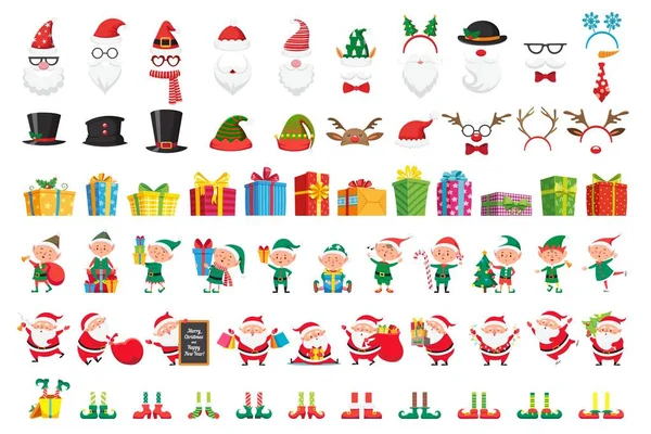 Dibujos animados colección de Navidad. Sombreros de Navidad y regalos de Año Nuevo. Santa Claus y elfos ayudantes personajes vector conjunto — Vector de stock