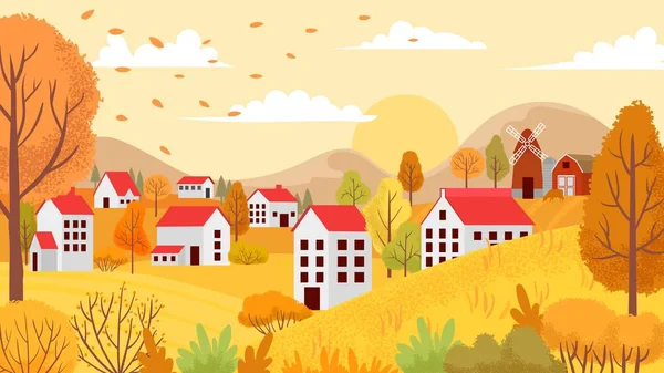 Autumn village landscape. Countryside autumnal gardens, yellow trees and sunny day vector background illustration