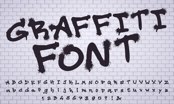 Spray graffiti font. City street art wall tagging lettering, dirty graffitis numbers and letters vector set — Stock Vector