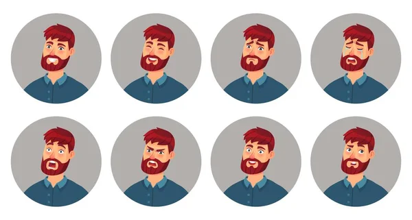 Emoções faciais masculinas. Feliz sorriso cara de homem, expressão irritada e diferentes rostos de emoção desenho animado conjunto de ilustração vetorial —  Vetores de Stock
