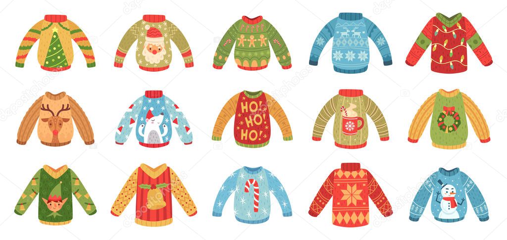Cartoon christmas party jumpers. Xmas holidays ugly sweaters, knitted winter jumper and funny Santa sweater vector set