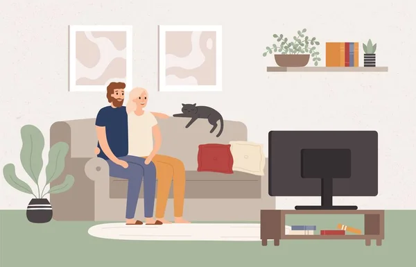 Young couple watch tv together. Happy man and woman sitting on couch and watching television show. Movie night vector illustration — Stock Vector