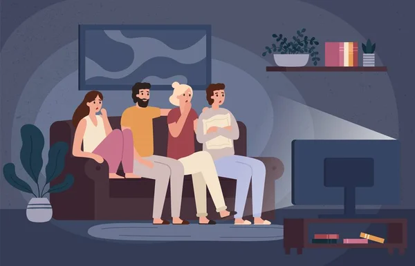 Friends watching horror movie together. Scared teens sitting on sofa and watch scary movie in dark living room vector illustration — Stock Vector