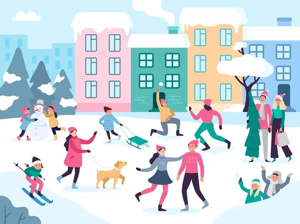 Kış şehir aktiviteleri. Kar açık havada insanlar yürüyüş, aile tatilleri eğlenceli ve kentsel olaylar vektör illüstrasyon