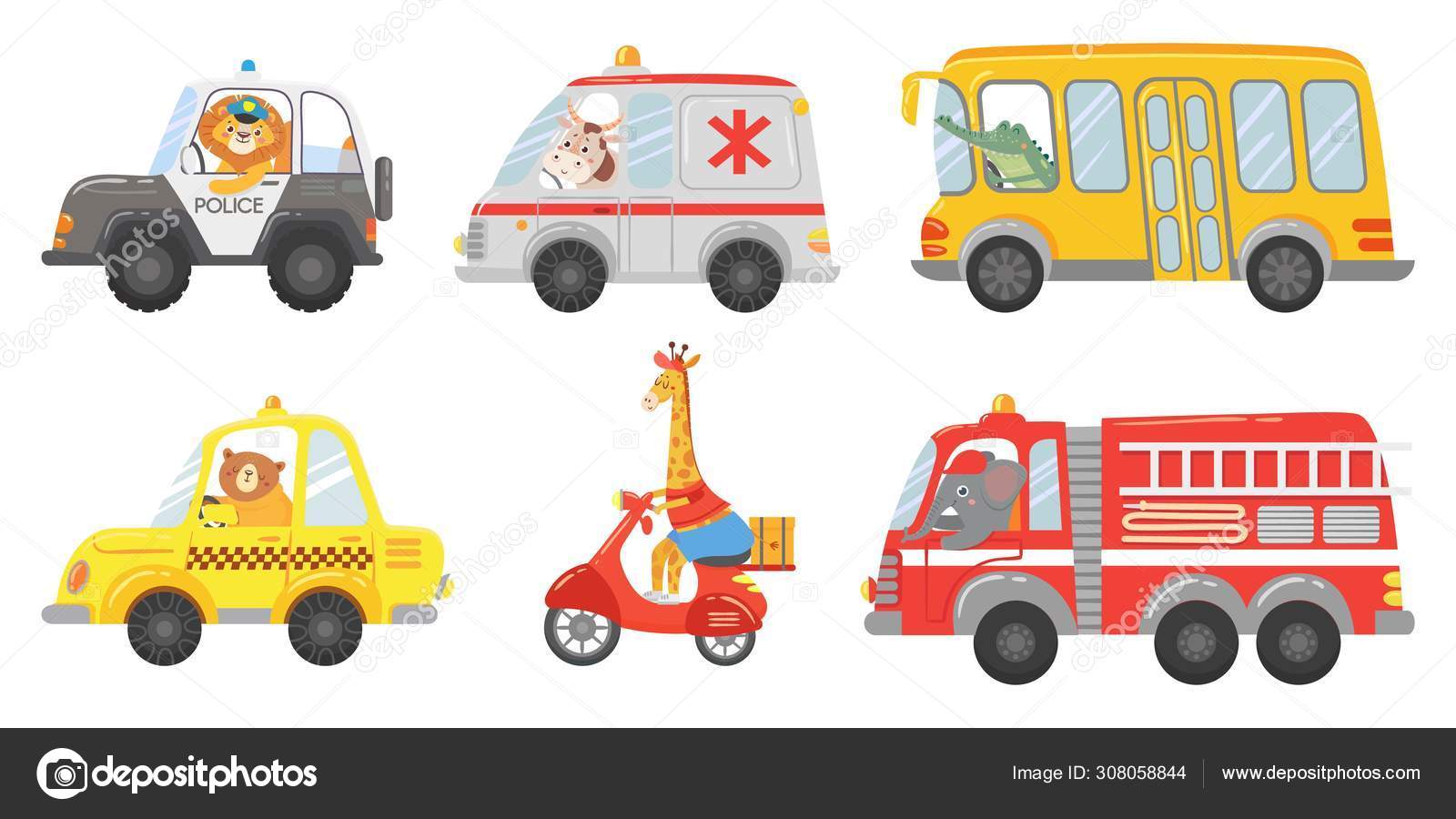 Cartoon animal driver. Animals in emergency ambulance, firetruck and police  car. Zoo taxi, public bus and delivery truck vector set Stock Vector Image  by ©.com #308058844