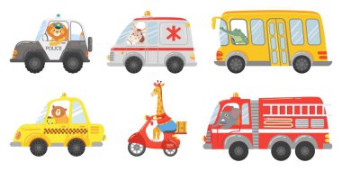 Karikatür hayvan sürücüsü. Acil ambulans, itfaiye aracı ve polis arabasıyla hayvanlar. Hayvanat bahçesi taksi, halk otobüsü ve teslimat kamyon vektör seti