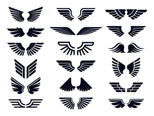 Sylwetka ikona skrzydła. Anioł skrzydło, dekoracyjne mucha emblemat i orzeł symbole szablon wektor paczka — Wektor stockowy