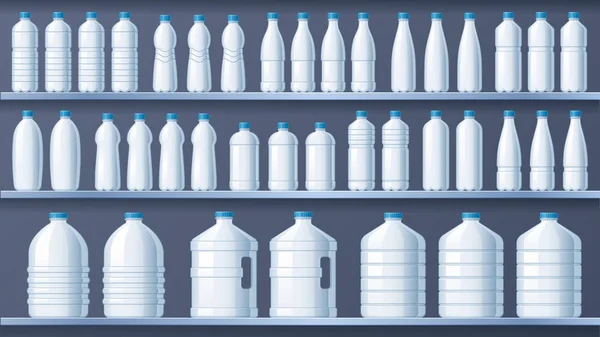 Garrafas de plástico nas prateleiras. Prateleira de água destilada engarrafada, bebidas líquidas e ilustração de vetor de loja de água mineral pura — Vetor de Stock
