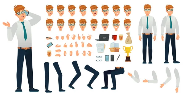 Kit de personaje de administrador de dibujos animados. Constructor de creación de gerentes de oficina, diferentes puntos de vista del cuerpo, emociones faciales y gestos vector conjunto — Vector de stock