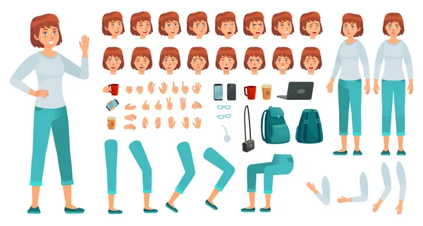 Kit de personnage féminin de bande dessinée. Ville en vêtements décontractés femme créateur constructeur, différentes mains, jambes et corps pose ensemble vecteur — Image vectorielle