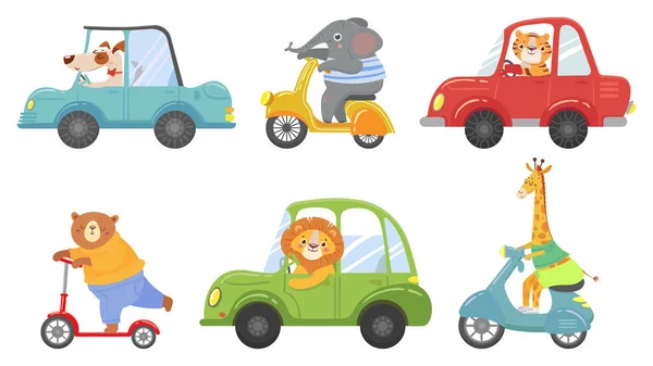 Schattige dieren op transport. Dier op scooter, rijden auto en dierentuin reizen cartoon vector illustratie set — Stockvector