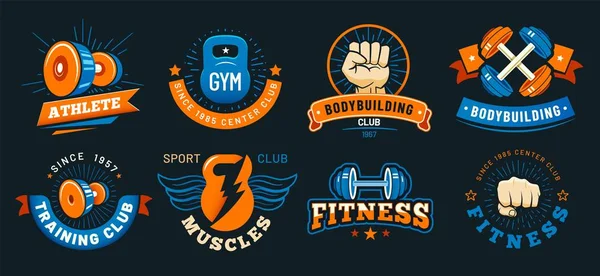 Um emblema de ginásio vintage. Músculos atleta, fitness e etiquetas de musculação. Conjunto de vetores de sinais esportivos — Vetor de Stock