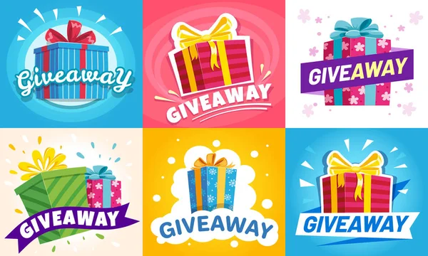 Giveaway győztes poszter. Ajándék ajánlat banner, giveaways utáni és ajándékok díjat szórólap vektoros illusztráció meg — Stock Vector