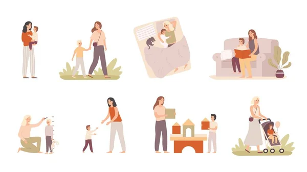 Mor och son. Mamma uppfostra barn, moderskap kärlek och mammor kramar för liten pojke vektor illustration — Stock vektor