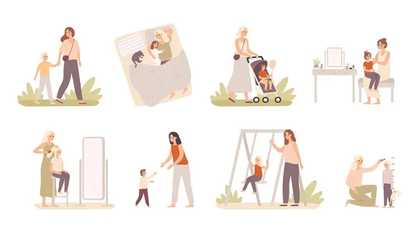 Madre e hijo. Mamá jugar con la hija y el hijo, el amor de la maternidad y los niños felices vector ilustración conjunto — Vector de stock