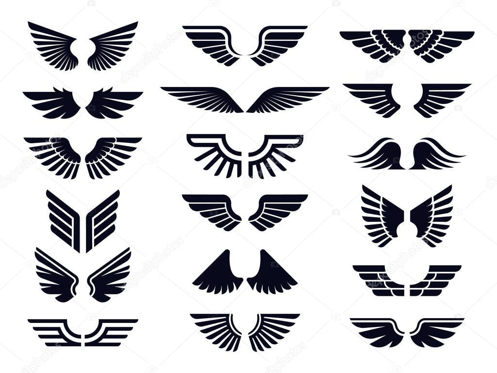 Silhouette pair of wings icon. Angel wing, decorative fly emblem and eagle stencil symbols vector icons bundle