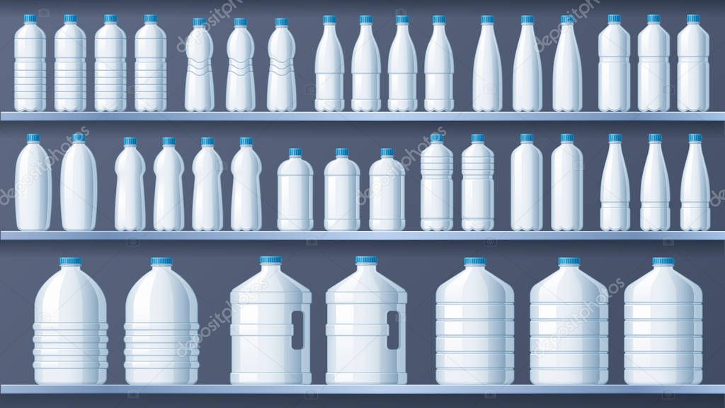 Plastic bottles on shelves. Bottled distilled water shelf, liquid drinks and pure mineral water store vector illustration