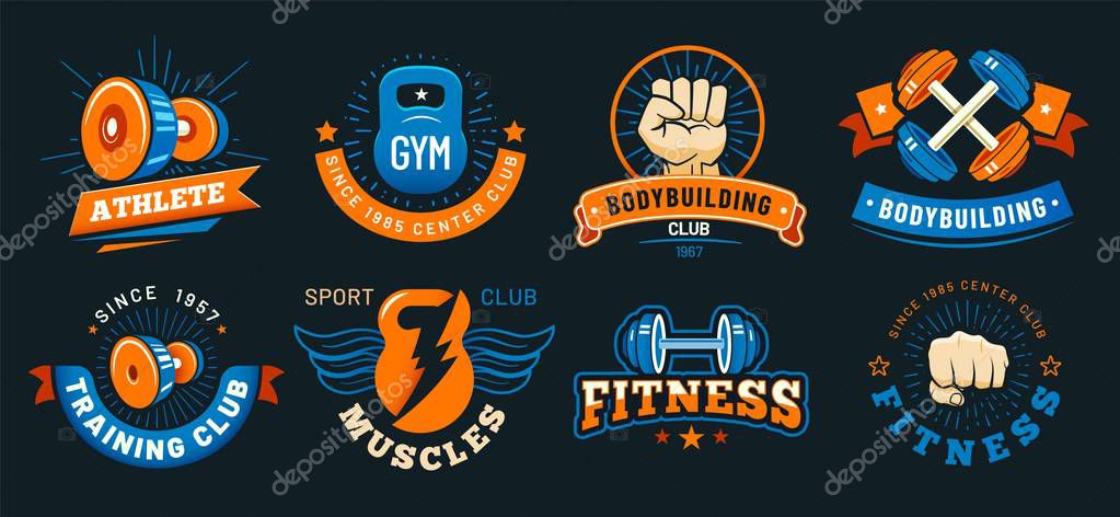 Vintage gym emblem. Athlete muscles, fitness and bodybuilding labels. Sport signs, athlete logo silhouette or fit bodybuilder retro badge. Colorful isolated vector symbols set