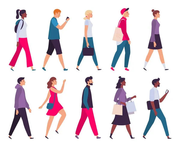 Des gens qui marchent. Hommes et femmes profil, vue de côté personne à pied et promeneurs personnages vectoriel illustration ensemble — Image vectorielle