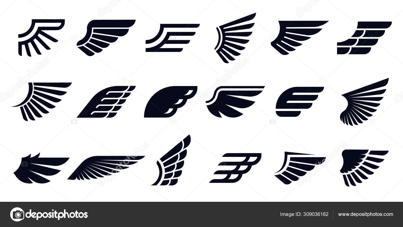 실루엣 날개 아이콘입니다. 새 날개, 빠른 독수리 엠블럼 및 장식 장식 천사 날개 스텐실 기호 벡터 번들 스톡 벡터 -  ©tartila.stock.gmail.com 309036162, image size:1600x900