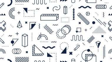 Soyut geometrik şekiller dikişsiz desen. Trendy memphis tarzı, funky 80s memphis tarzı tasarım arka plan vektör illüstrasyon