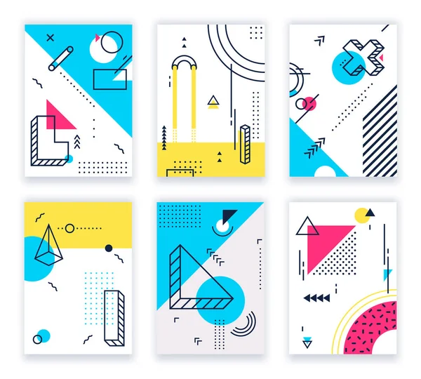 Geometric shapes posters. Abstract geometrical shapes cards, funky 80s and memphis style design background illustration vector set — Stock Vector