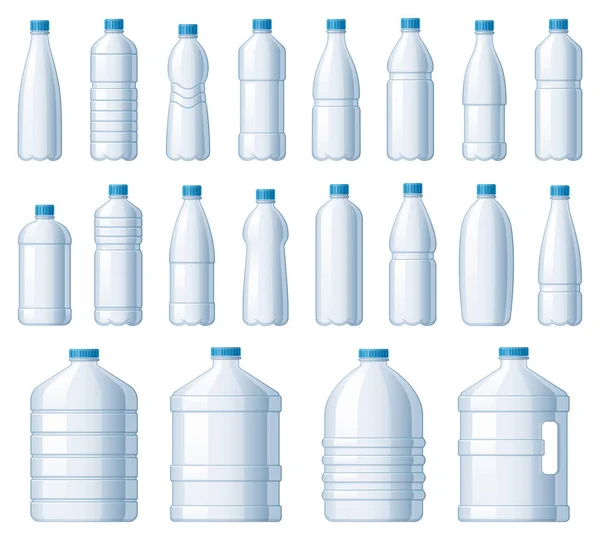 Botellas de plástico. Botella de enfriador de agua, paquete PET para líquidos y bebidas de soda juego de ilustración de vectores — Archivo Imágenes Vectoriales