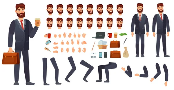 Caricatura hombre de negocios carácter kit. Constructor de personajes de negocios, diferentes gestos de manos, emociones faciales y piernas conjunto de vectores — Vector de stock