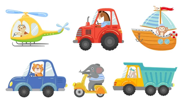 Carini gli animalisti. Guida di animali auto, trattore e camion. Gioco elicottero, barca a vela e scooter urbano cartone animato vettore illustrazione set — Vettoriale Stock