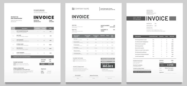 Invoices templates. Price receipt, payment agreement and invoice bill template vector set — Stock Vector