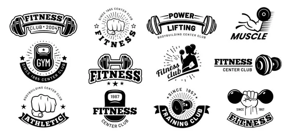 Retro fitness badges. Gym embleem, sport label en zwarte stencil bodybuilding badge vector set — Stockvector