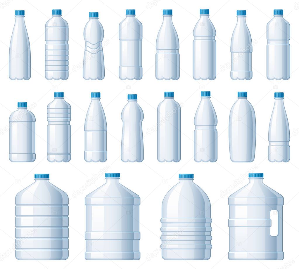 Plastic bottles. Water cooler bottle, PET package for liquids and soda drink beverage vector illustration set