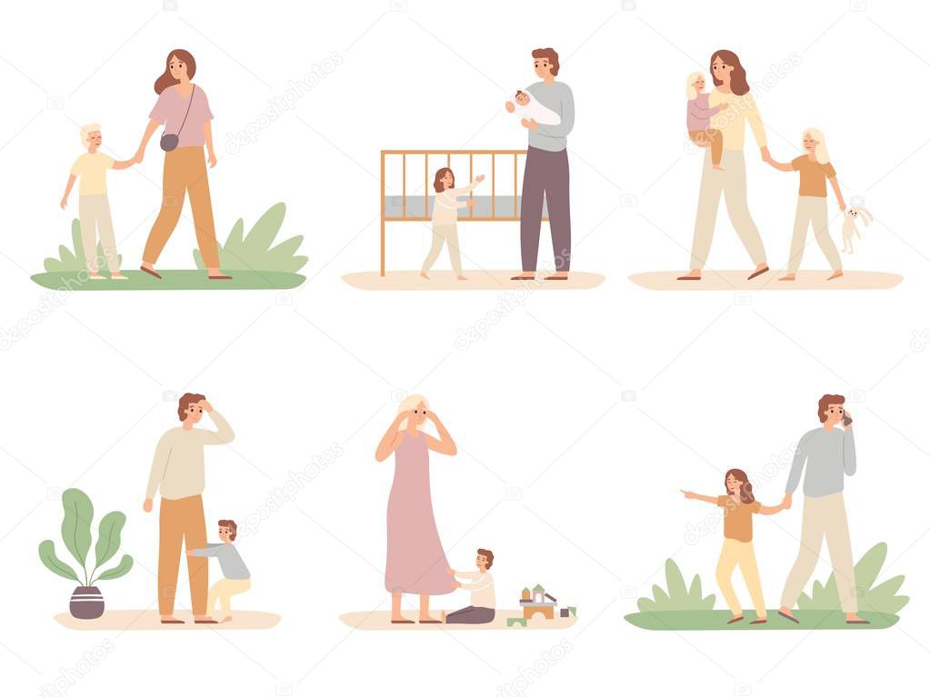 Parenthood problems. Crying child and tired parents, exhausted dad and kids want attention from mother vector illustration set