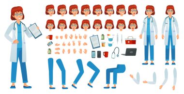 Çizgi film kadın doktor yaratma kiti. Sıhhiyeci kadın kiti, sağlık doktorları meslek karakter ve eczacı kadın vektörü seti