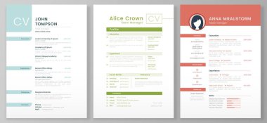 Kişisel özgeçmiş şablonu. Sanatsal profil, profesyonel CV formları ve minimalist özgeçmiş örnekleme seti
