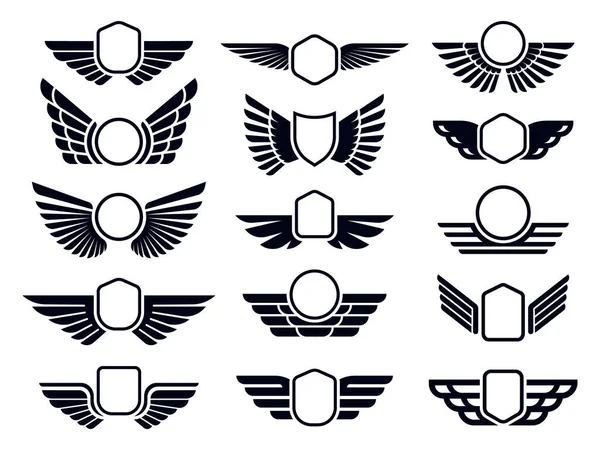 Cadres ailés. Emblème de bouclier d'oiseau volant, cadre d'insigne d'ailes d'aigle et ensemble vectoriel de symbole d'aile rapide d'aviation rétro — Image vectorielle