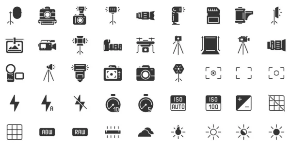 Fotokamera siluett ikon. Fotokameror slutartid, bländare och digitalkamera exponering svart stencil ikoner vektor set — Stock vektor
