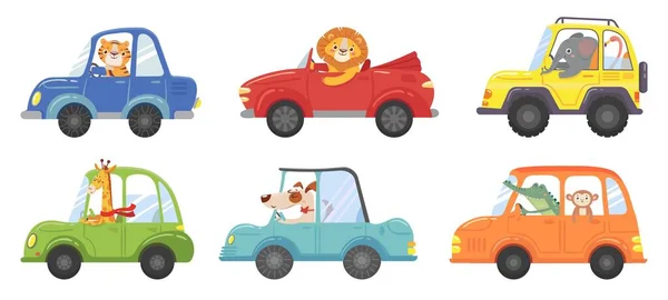 Leuke dieren in grappige auto 's. Dieren bestuurder, huisdieren voertuig en gelukkige leeuw in auto kid vector cartoon illustratie set — Stockvector