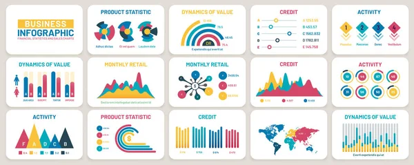 Gráficos de presentación empresarial. Informes financieros, gráficos de datos de marketing y conjunto de vectores de plantillas infográficas — Archivo Imágenes Vectoriales