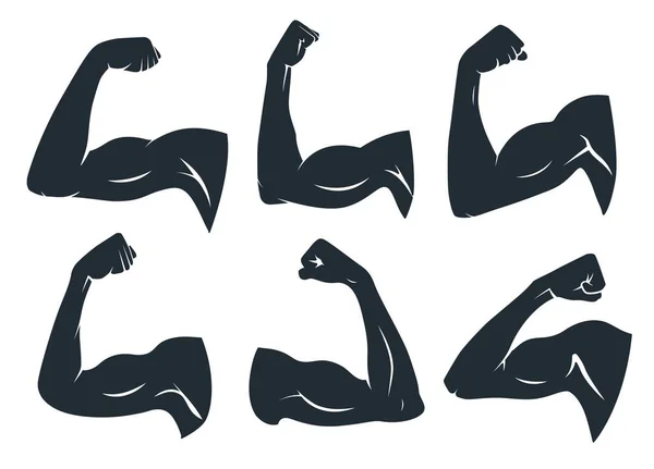 Handmuskelsiluett. Starka armmuskler, hårda biceps och power gym vektor stencil ikoner set — Stock vektor