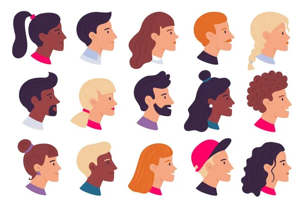 Profil portrétů lidí. Profily mužské a ženské tváře avatary, boční portrét a hlavy ploché vektorové ilustrační sada — Stockový vektor